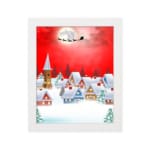 Santa Claus flying in a sleigh with reindeer against a red background, full moon, and snowy village. displayed on a plain white background in a white frame