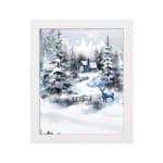 Infidu A Joyous Holiday Wall Art - Tranquil Winter Forest Scene with Deer shows a snowy forest with evergreen trees, a blue house, and a deer in plain white background with white frame