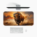 Charging bison desk pad with a realistic bison and prairie background design. A desk pad under the computer