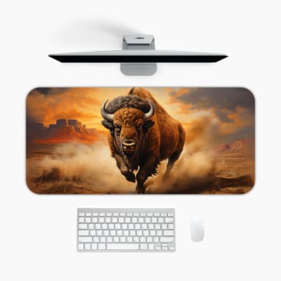 Charging bison desk pad with a realistic bison and prairie background design. A desk pad under the computer