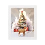 Christmas wall art featuring a white tree with red ornaments, gifts underneath, a reindeer, and a snowy background in a watercolor style. displayed on the plain white background in a white frame