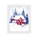 Christmas wall art featuring a pink house and blue pine trees in a watercolor style with a light background. in plain white background in a white frame