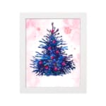 Pink stocking Christmas wall art with red accents, green leaves, berries, and a starry pink background. in plain background in a white frame