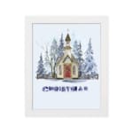 Winter scene with a small chapel, snow-covered trees, and the word CHRISTMAS below in cool colors. in plain white background in a white frame