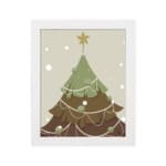 Christmas tree illustration with white ornaments, light gray background, snowflakes, and a dark frame. in plain white background in a white frame