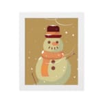 Snowman illustration with a red hat and orange scarf, framed in black, with snowflakes on a light beige background. in plain white background in a white frame