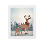 Winter-themed wall art with a reddish-brown deer, blue trees, and a light, snowy background in a watercolor style with a plain white background in a white frame