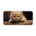 A cute light brown kitten resting on a wooden surface, with wide eyes and a dark background. Desk Pad kept on a plain white background