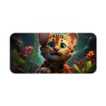 A Cute animated-style kitten with orange-brown fur and blue eyes in a magical forest background with glowing flowers. Desk Pad kept on a plain white background