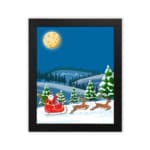 Santa Claus in a red sleigh with reindeer flying through a snowy winter landscape under a full moon. displayed on the plain white background in black frame