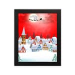 Santa Claus flying in a sleigh with reindeer against a red background, full moon, and snowy village. displayed on a plain white background in a black frame