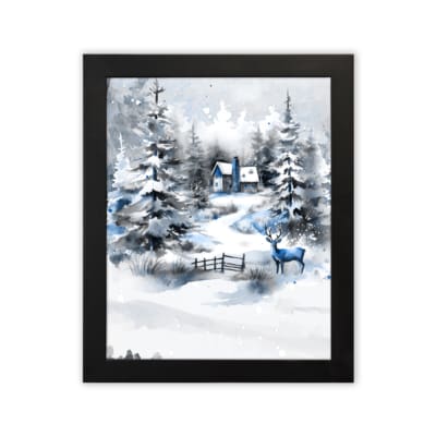 Infidu A Joyous Holiday Wall Art - Tranquil Winter Forest Scene with Deer shows a snowy forest with evergreen trees, a blue house, and a deer in plain white background with black frame