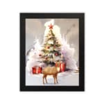 Christmas wall art featuring a white tree with red ornaments, gifts underneath, a reindeer, and a snowy background in a watercolor style. displayed on the plain white background in a black frame