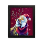 Framed artwork of a cartoon-style Santa with antlers and a red and purple outfit on a pink background with white stars. plain white background on a black frame