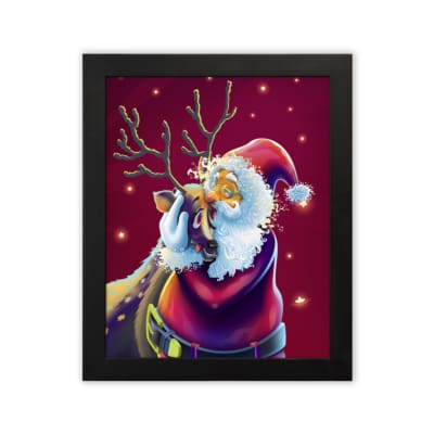 Framed artwork of a cartoon-style Santa with antlers and a red and purple outfit on a pink background with white stars. plain white background on a black frame