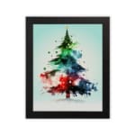 Watercolor Christmas tree painting with green, blue, and red colors, topped with a yellow star, framed in black. in plain white background in a black frame