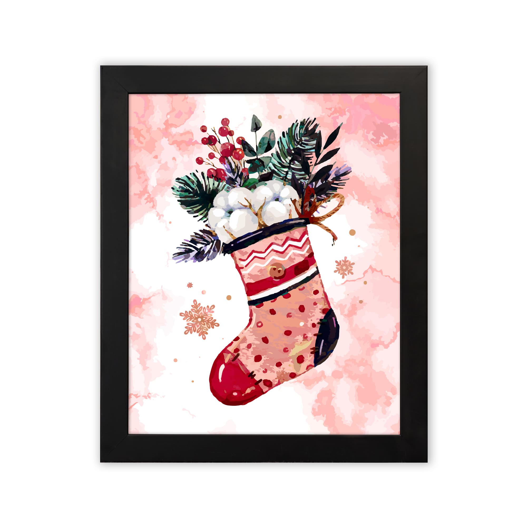 Christmas wall art featuring a pink stocking with red accents, filled with green leaves, berries, and white snowball-like objects, on a light pink background with star patterns, framed in black a plain white background