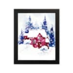 Christmas wall art featuring a pink house and blue pine trees in a watercolor style with a light background. in plain white background in a black frame