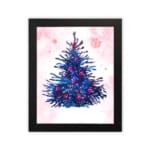 Pink stocking Christmas wall art with red accents, green leaves, berries, and a starry pink background. in plain background in a black frame