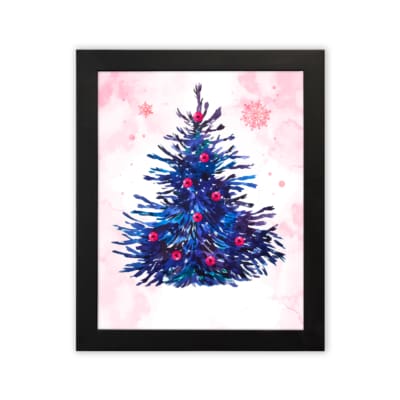 Pink stocking Christmas wall art with red accents, green leaves, berries, and a starry pink background. in plain background in a black frame