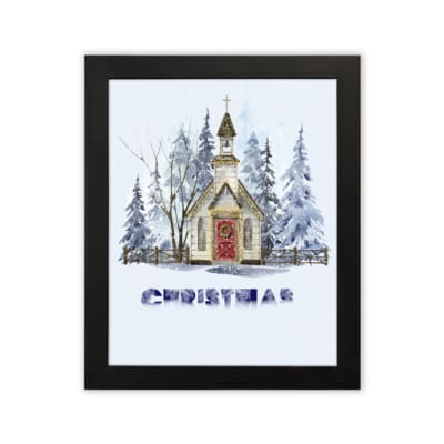 Winter scene with a small chapel, snow-covered trees, and the word CHRISTMAS below in cool colors. in plain white background in a black frame