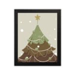 Christmas tree illustration with white ornaments, light gray background, snowflakes, and a dark frame. in plain white background in a black frame