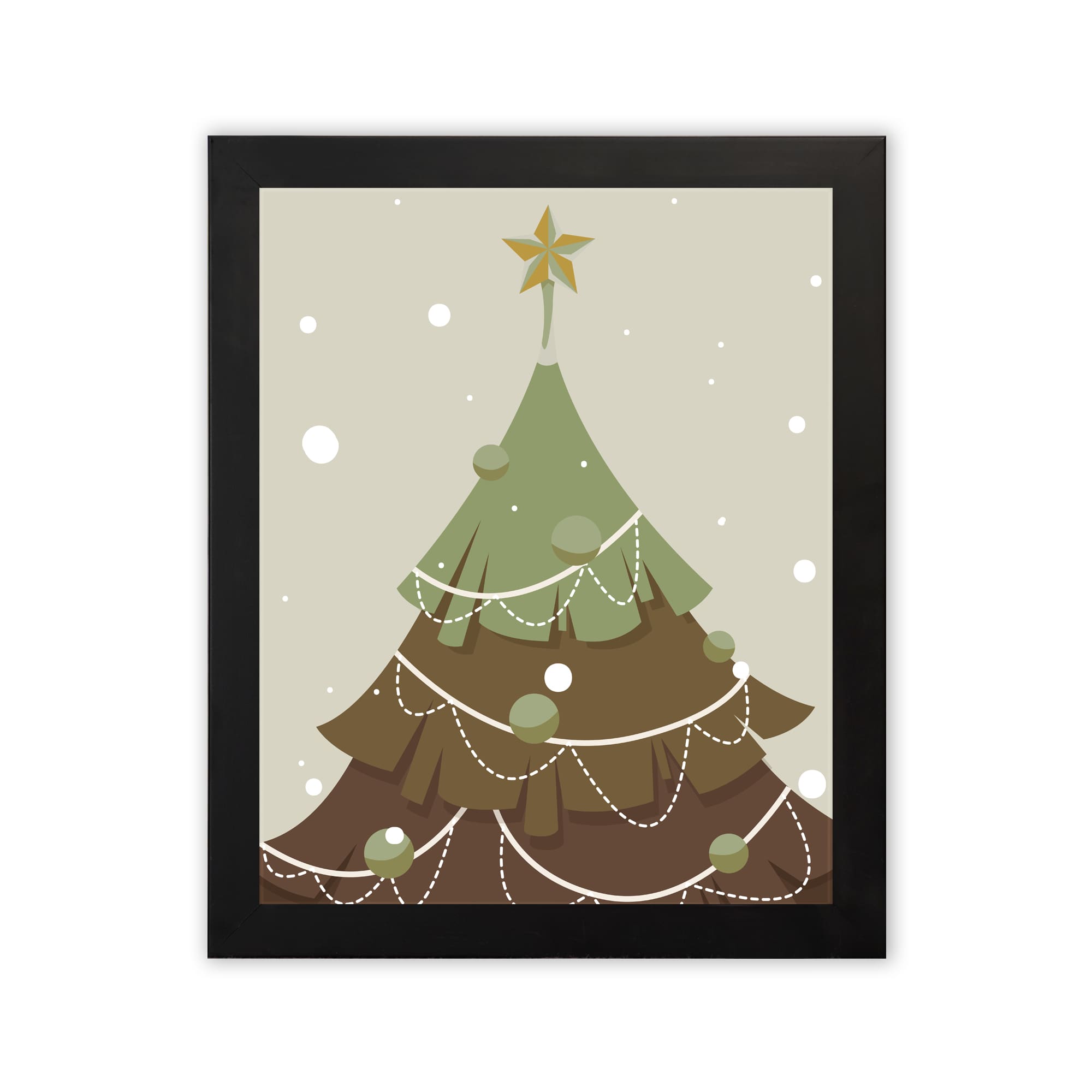 Christmas tree illustration with white ornaments, light gray background, snowflakes, and a dark frame. in plain white background in a black frame