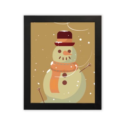 Snowman illustration with a red hat and orange scarf, framed in black, with snowflakes on a light beige background. in plain white background in a black frame