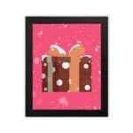 Infidu Gift Box Art - Festive Design with Snowflakes and Ribbon with brown polka dot gift box, pink background, and black frame. in plain white background in a black frame