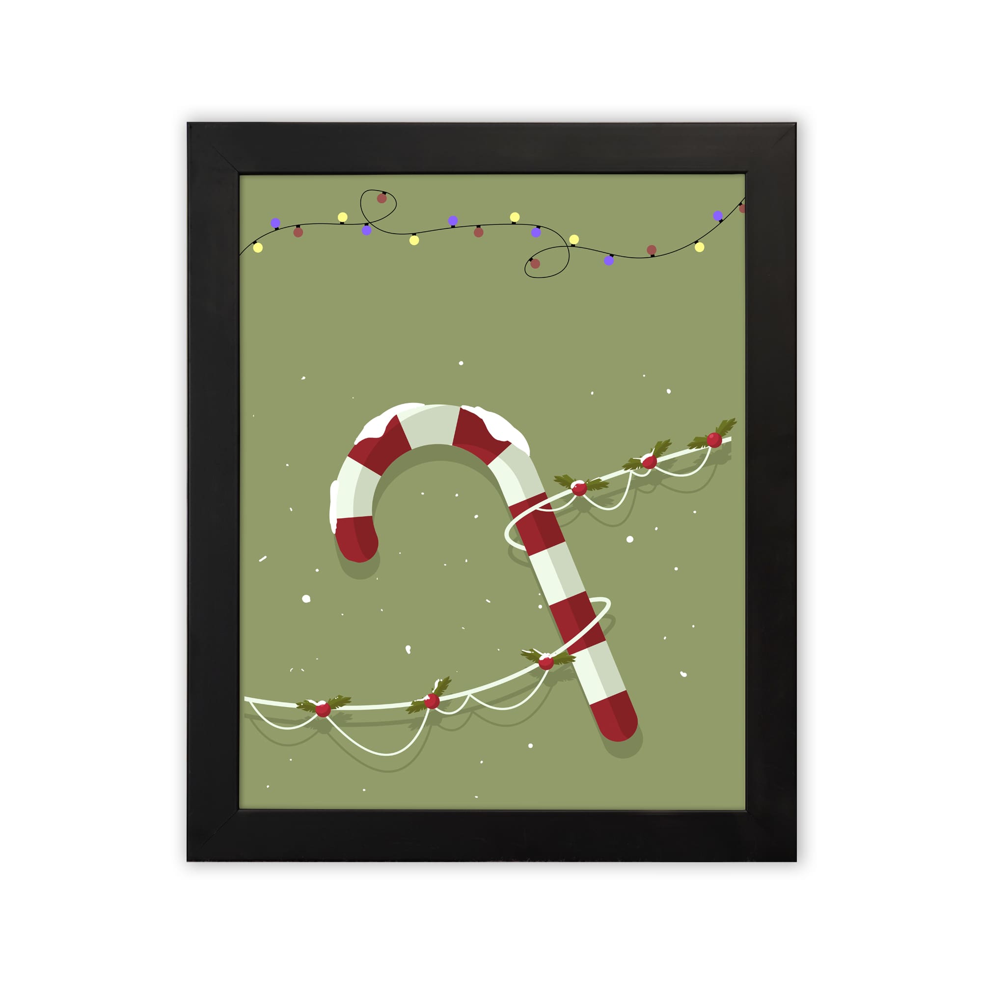 Candy cane with red and white stripes, surrounded by colorful Christmas lights on a light grey or muted green background with a plain white background in a black frame