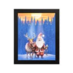 Christmas wall art with a colorful, patterned background featuring festive designs. in plain white background in a black frame