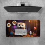 Infidu Cute Fluffy Cat Desk Pad with a light fur cat sitting in a warm glowing background of soft colors. Desk Pad with Keyboard and Mouse on top of the desk pad