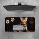 Striped cat with light brown and black fur on a dark background. Elegant and detailed design, high-quality desk pad. Desk Pad with Keyboard and Mouse on top of the desk pad