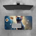 Cute white cat with blue eyes on a dreamy background with light blue and teal colors, glowing particles, and tall grass. Desk Pad with Keyboard and Mouse on top of the desk pad