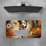 Border Collie running through an autumn forest with warm colors and fallen leaves. Desk Pad with Keyboard and Mouse on top of the desk pad