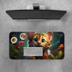 A Cute animated-style kitten with orange-brown fur and blue eyes in a magical forest background with glowing flowers. Desk Pad with Keyboard and Mouse on top of the desk pad