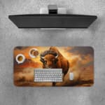 Charging bison desk pad with a realistic bison and prairie background design. Desk Pad with Keyboard and Mouse on top of the desk pad