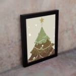 Christmas tree illustration with white ornaments, light gray background, snowflakes, and a dark frame. on the wall in a black frame