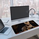 Striped cat with light brown and black fur on a dark background. Elegant and detailed design, high-quality desk pad. A computer and laptop are next to the desk pad