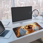 Cartoon-style happy dog with a blue, icy background and rocky brown edges on A computer and laptop next to the desk pad