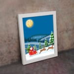 Santa Claus in a red sleigh with reindeer flying through a snowy winter landscape under a full moon. displayed on the wall in white frame