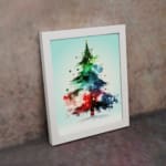 Watercolor Christmas tree painting with green, blue, and red colors, topped with a yellow star, framed in black. on the wall in a white frame