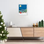 Santa Claus in a red sleigh with reindeer flying through a snowy winter landscape under a full moon. hung on the wall in white frame