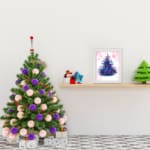 Pink stocking Christmas wall art with red accents, green leaves, berries, and a starry pink background. displayed on the table in a white frame