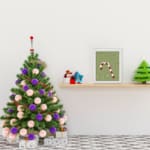 Candy cane with red and white stripes, surrounded by colorful Christmas lights on a light grey or muted green background. displayed on the table in a white frame