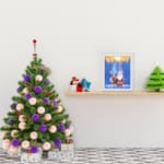 Christmas wall art with a colorful, patterned background featuring festive designs. displayed on the table in a white frame