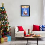 Christmas wall art with a colorful, patterned background featuring festive designs. displayed on the wall art in a black frame