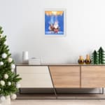 Christmas wall art with a colorful, patterned background featuring festive designs. displayed on the wall art in a white frame