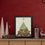 Christmas tree illustration with white ornaments, light gray background, snowflakes, and a dark frame. displayed on the table in a black frame