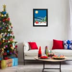 Santa Claus in a red sleigh with reindeer flying through a snowy winter landscape under a full moon. hung on the wall in black frame